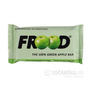 Zelený obal s nápisom FROOD 100% ovocná tyčinka Zelené jablká 10g, dve zelené jablká, bez konzervantov a cukru.