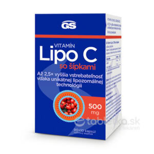 Krabička GS Vitamín Lipo C 500mg so šípkami 90+10 kapsúl, obal s obrázkom šípok a slovenským textom o vstrebávaní.