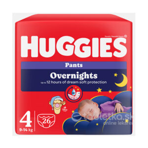 HUGGIES Overnights Pants 4, plienkové nohavičky 9-14kg, 26ks v červenom balení so spiacim dieťaťom a motívom nočnej oblohy.