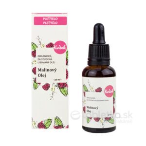 Fľaša Kvitok Malinový olej organický 30ml s pipetou v škatuľke s malinovými motívmi a slovenským textom.