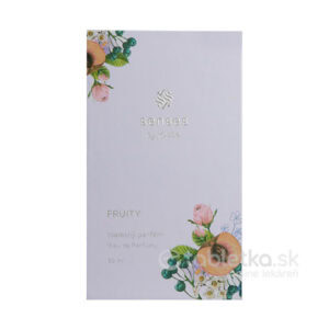 Biela škatuľa Kvitok SENSES toaletný parfum Fruity 30ml s kvetinovým a ovocným motívom obsahuje ovocnú vôňu.