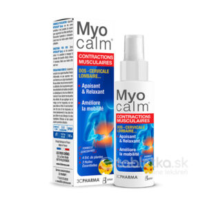 Fľaša a škatuľka Myocalm Spray masážneho spreja 100ml s francúzskym textom o uvoľnení svalov pre chrbát a krk.