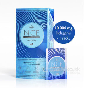 NCE NATUR COLLAGEN EXPERT Mobility, 30 vrecúšok, modrobiele balenie, na škatuľke a sáčku uvedené 10 000 mg hydrolyzovaného kolagénu.