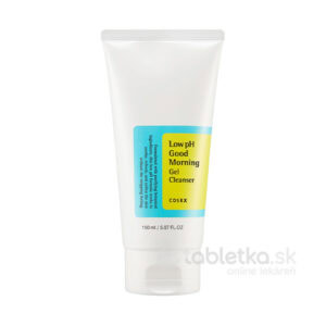 Biela tuba COSRX Low pH Good Morning čistiaci gél 150 ml s modro-žltým štítkom stojí vzpriamene na jednoduchom pozadí.