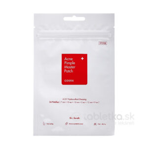 Biely uzatvárateľný obal s nápisom COSRX náplasti na nedokonalosti pleti a akné 24ks obsahuje 24 hydrokoloidných náplastí.