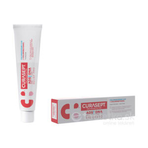 Tuba a škatuľa 75 ml CURASEPT ADS DNA RELIEF PRO s 0,20 % chlorhexidínu, červené a biele balenie s viditeľným logom.