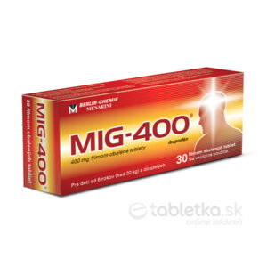 MIG-400 New 30 tabliet: červená a žltá škatuľka s 30 filmami obalenými tabletami po 400 mg pre dospelých a deti od 6 rokov.