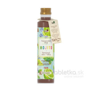 NaturProdukt sirup Mojito 250ml vo fľaši s obrázkom limetiek a mäty, visačka na hrdle. Vhodný do koktailov alebo nápojov.