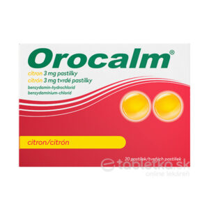 Orocalm citrón 3 mg, 20 pastiliek, balenie na vnútorné použitie, červeno-žltý obal so slovenským textom a dvoma citrónmi.