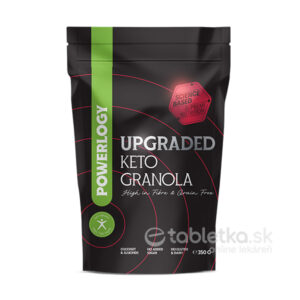 350g čierny obal POWERLOGY Upgraded Keto granola so zelenými a ružovými prvkami, uvádza vysoký obsah vlákniny, bez pridaného cukru, kokosu a mandle, vhodné pre keto.