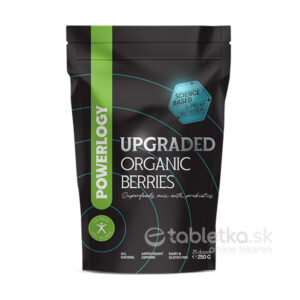 250g čierny sáčok POWERLOGY Upgraded Organic Berries so zelenými prvkami, bez mlieka a lepku.
