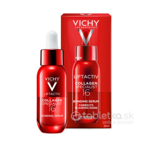 Červená 30ml fľaša séra VICHY s kvapkadlom je vedľa červenej škatuľky, určená na podporu kolagénu pokožky.