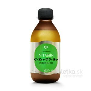 Hnedá fľaša Zdravý svet Lipozomálny Vitamín C + Zn + D3 + Selén 200ml, zeleno-biela etiketa, čierny uzáver.