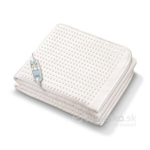 Vyhrievacia podložka Beurer UB 100, biela elektrická deka s ovládačom, je zložená na rovnom povrchu a ponúka nastaviteľné teplo.