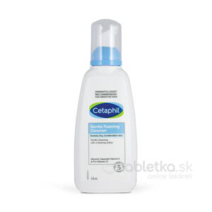 Čistiaca pena Cetaphil 236ml s modrou pumpičkou, určená na citlivú, normálnu, suchú a zmiešanú pleť, na bielom pozadí.