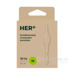 Krabička s nápisom HERBADENT HERo medzizubná kefka M kombinovaná 30ks, ilustrácia kefky, text "30 ks, 30 x M" na obale.