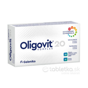 Oligovit 20 KOMPLEX od Galeniky: balenie obsahuje 30 tabliet s 10 vitamínmi a 10 minerálmi.