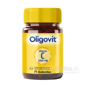Fľaša Oligovit Vitamín C 1000mg s predĺženým uvoľňovaním, 60 tabliet, Galenika, so žltým vrchnákom a etiketou.