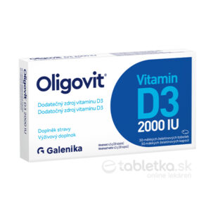 Oligovit Vitamín D3 2000IU 30 kapsúl-balenie s 30 mäkkými kapsulami, text na obale v slovenčine a češtine.