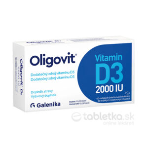 Balenie Oligovit Vitamín D3 2000IU 60 kapsúl s popisom v slovenčine a značkou Galenika obsahuje 60 mäkkých kapsúl.