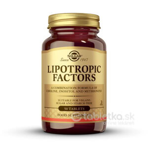 Hnedá fľaša so štítkom SOLGAR Lipotropic Factors 50 tabliet, vegánsky doplnok s cholínom, inozitolom a metionínom.