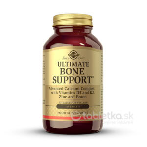 SOLGAR Ultimate Bone Support 120 tabliet je doplnok výživy s komplexom vápnika, vitamínmi D3, K2, zinkom a bórom na podporu kostí.