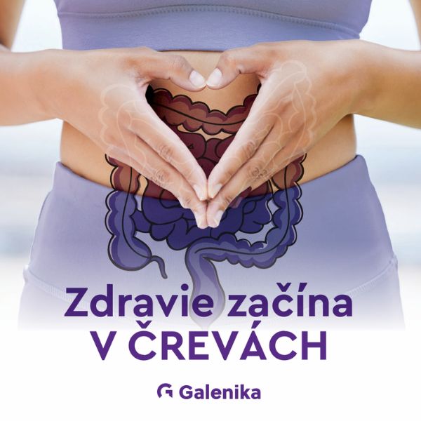 Osoba drží ruky v tvare srdca nad bruchom, prekryté ilustráciou čriev. Pod tým je text Zdravie začína v črevách a Galenika.
