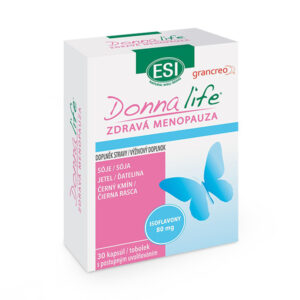 Balenie ESI DonnaLife 30 kapsúl s modrým motýľom, český a slovenský obal, kapsuly obsahujú 80 mg izoflavonoidov.