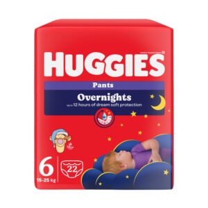 HUGGIES Overnights Pants 6 plienkové nohavičky 15-25 kg, balenie 22 ks, červený obal so spiacimi deťmi.