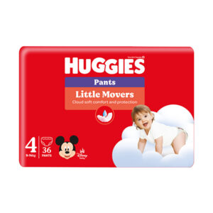 Červený obal HUGGIES Pants Little Movers, veľkosť 4 (9-14 kg), 36 kusov, obrázok lezúceho dieťaťa a Mickey Mouse.