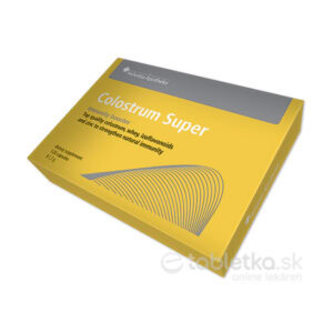 Žltosivá škatuľa s nápisom Helvetia Apotheke Colostrum Super 120 kapsúl, predná strana má oblúkový dizajn.