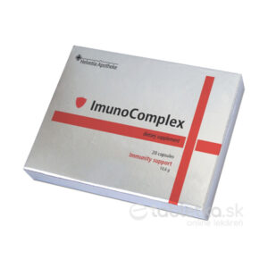 Strieborná škatuľa Helvetia Apotheke ImunoComplex 20 kapsúl, výživový doplnok na podporu imunity s obsahom účinných látok.