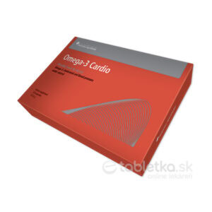 Červená obdĺžniková škatuľa Helvetia Apotheke Omega-3 Cardio 120 kapsúl s bielym písmom a vlnkovými grafikami na obale.