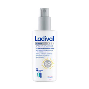 Biela fľaša Ladival AKTIV SPF 50+ transparentný sprej na opaľovanie 150 ml s modrým a žltým textom, sivý rozprašovač.