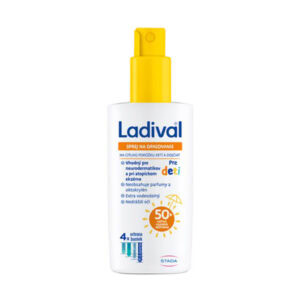 Ladival PRE DETI SPF 50+ sprej na opaľovanie 150ml má žltý uzáver, bielu etiketu so slovenským textom a je určený pre citlivú detskú pokožku.