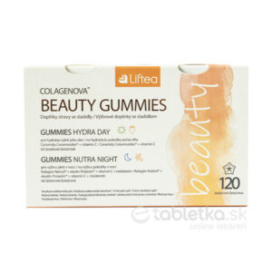 Balenie Liftea COLAGENOVA BEAUTY GUMMIES Hydra Day + Nutra Night obsahuje 60+60 želatínových cukríkov na dennú podporu kolagénu.