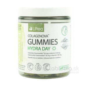 Fľaša Liftea COLAGENOVA GUMMIES HYDRA DAY biela jahoda (60 ks) na bielom pozadí, vegánsky doplnok s ceramidmi a vitamínom C.