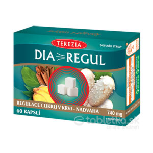 Balenie TEREZIA Diaregul 60 kapsúl, doplnok stravy na reguláciu cukru v krvi, obrázky škorice, listov, zázvoru a kociek cukru.