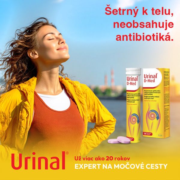 Žena so zatvorenými očami stojí vedľa balenia Urinal D-Med 14 šumivých tabliet a slovenského textu o starostlivosti o močové cesty bez antibiotík.