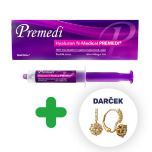 A N-Medical Hyaluron PREMEDI perorálny gél 50 ml so striekačkou a balením, zelené plus, zlaté náušnice s nápisom DARČEK.