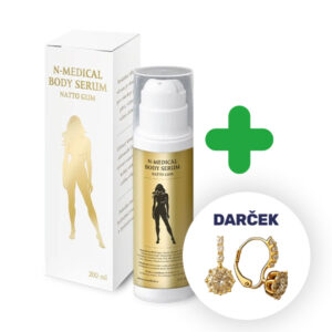N-Medical BODY SERUM NATTO GUM telové sérum 200 ml so zeleným plusom vedľa zlatých náušníc označených DARČEK.