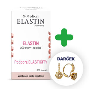 Krabica N-Medical ELASTIN 100 kapsúl s českým textom, vedľa obrázka darčeka so zlatými náušnicami a zeleného plusa.