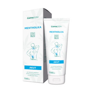 Krabička a tuba Cannaderm MENTHOLKA AKUT 125 ml s modro-bielym dizajnom a ilustráciou osoby aplikujúcej gél na chrbát vedľa seba.