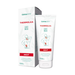 Krabica a tuba Cannaderm THERMOLKA AKUT 125 ml, hrejivá konopná masážna emulzia, ilustrácie oblastí použitia na tele.