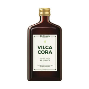 Hnedá fľaša so zlatým uzáverom, etiketa Dr.Svatek VILCACORA sladové víno na imunitu 500ml, doplnok stravy na imunitu.