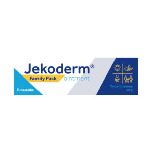 Jekoderm masť Family pack, kokosová vôňa 50g-modro-biele balenie s ikonami slnka, rodiny a vody; na pokožku po pobyte vonku.