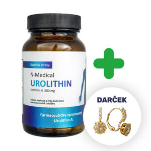 Fľaša N-Medical UROLITHIN 60 kapsúl vedľa zeleného plusu a páru zlatých náušníc s označením DARČEK.