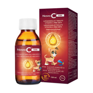 Novo C kids lipozomálny tekutý vitamín C sirup, malinová príchuť (inovácia 25), 120 ml, kreslený pes, slovenský text. Pre deti od 1 roka.