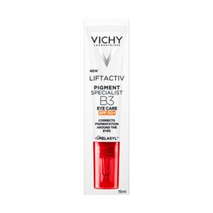 15ml tuba VICHY LIFTACTIV Pigment Specialist B3 očný krém SPF50+ v bielom balení s červeným viečkom.