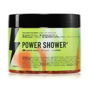 Nádoba s nápisom collalloc Power Shower 180 kapsúl, doplnená detailmi o produkte a čiernym viečkom.